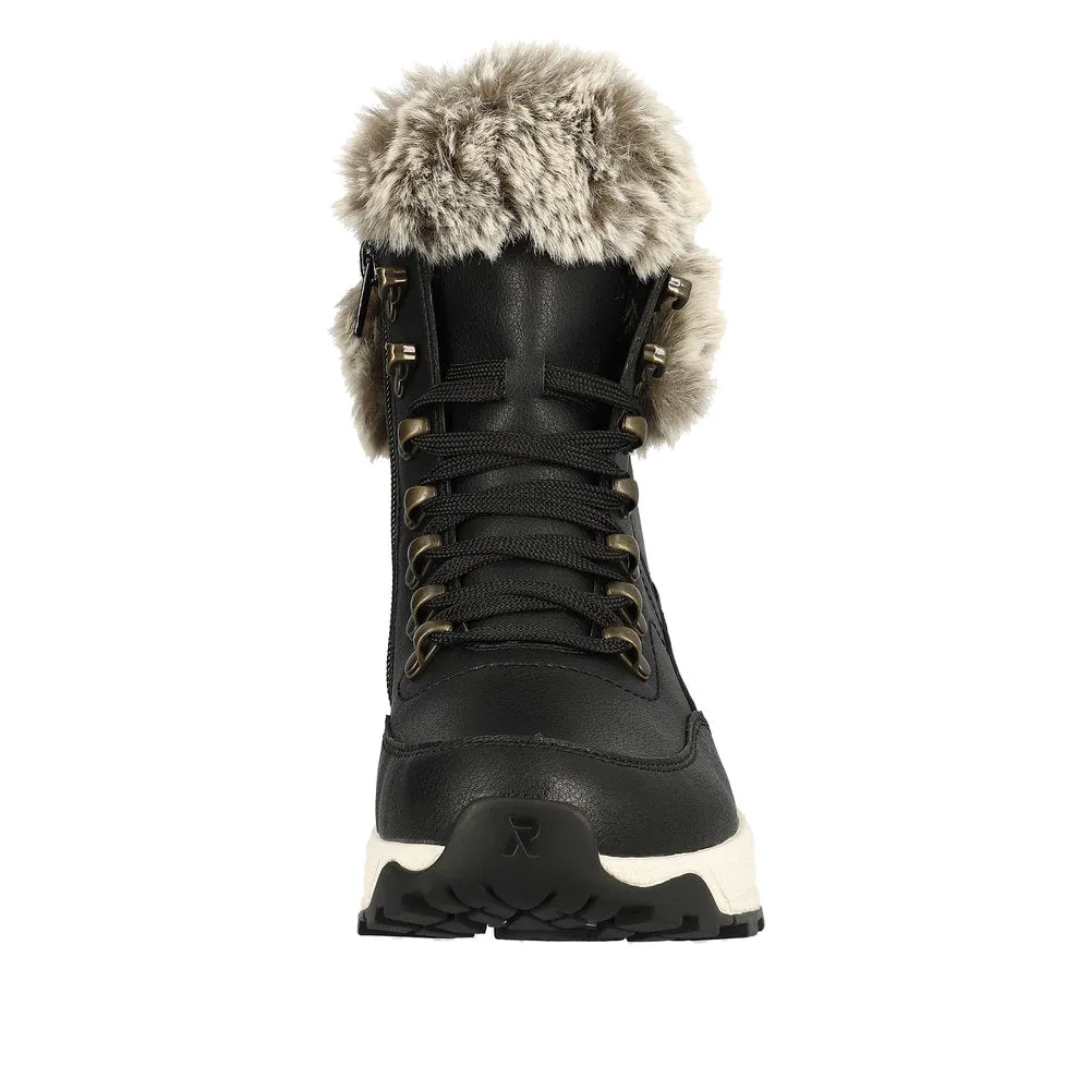Rieker W0063-00 Ladies Black Leather Water Resistant Zip & Lace Ankle Boots